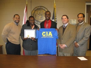 CIA honoree From left are Nicholas Townsend, principal of Calhoun High School, Theresa Smith, mother of the February Character In Action honoree Demetrius Smith, Smith,  Lowndes County District Court Judge Adrian D. Johnson. And Lowndes County School Superintendent Dr. Daniel Boyd. 